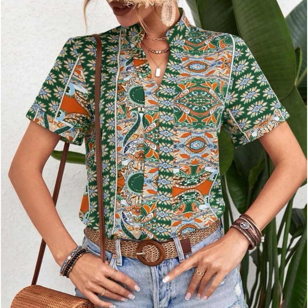 Boho Floral Paisley Print Top Blouse Shirt Green - Picture 3 of 16